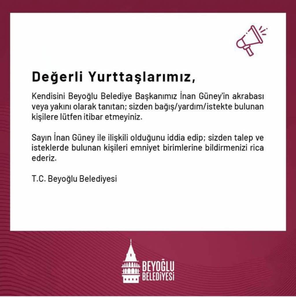 Beyoğlu Belediyesi'nden Dolandırıcılık Uyarısı