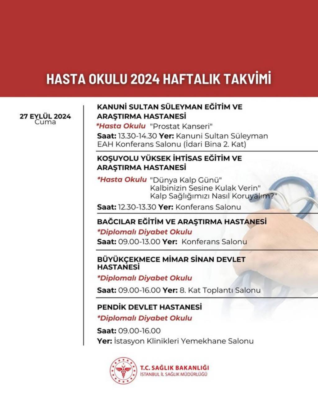 İstanbul İl Sağlık Müdürlüğü'nden Hasta Okulu 2024 Haftalık Takvimi Duyurusu